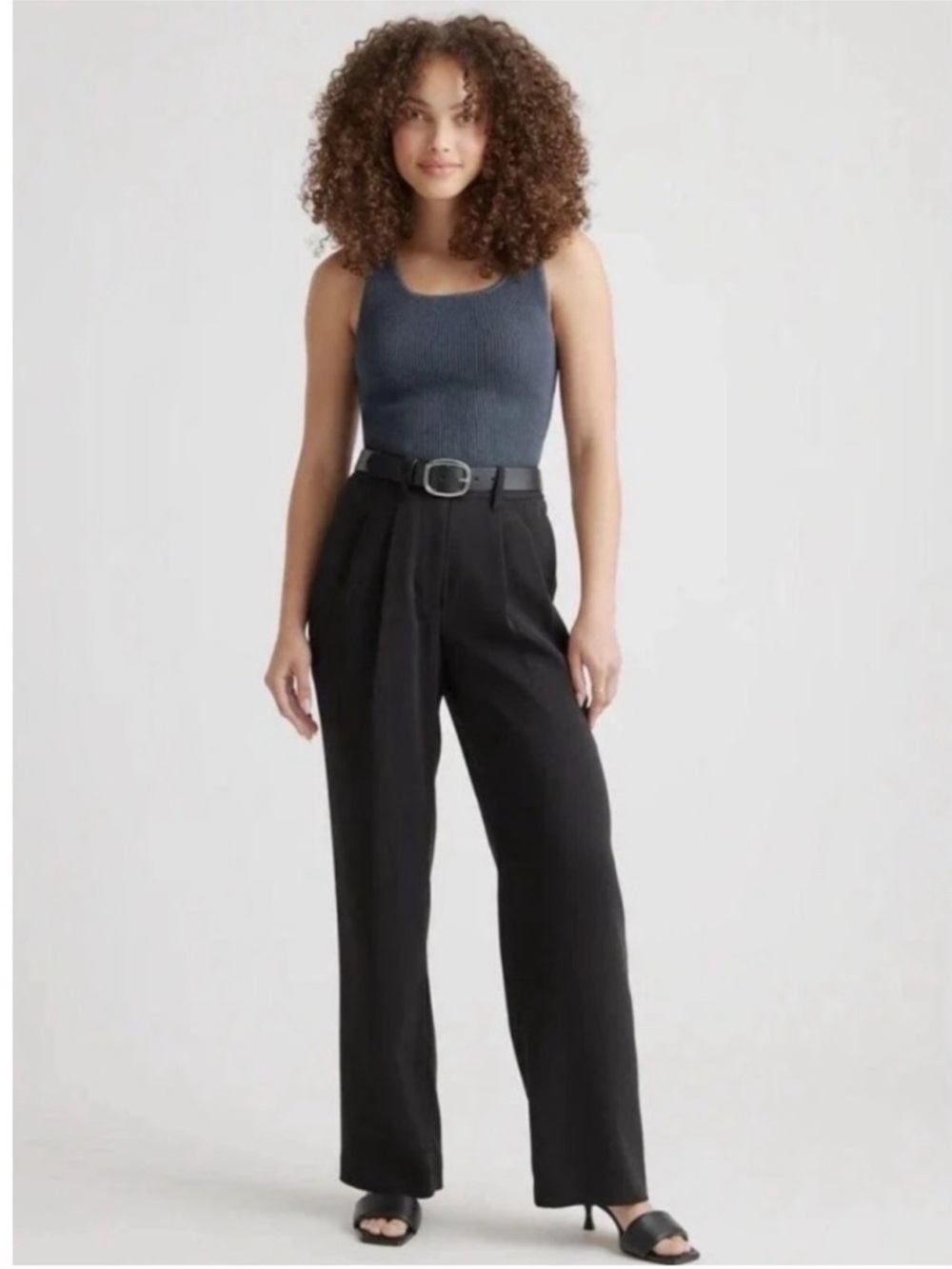 Quince Stretch Crepe Pleated Wide Leg Pant High Rise Elastic Trouser Black 8 NWT